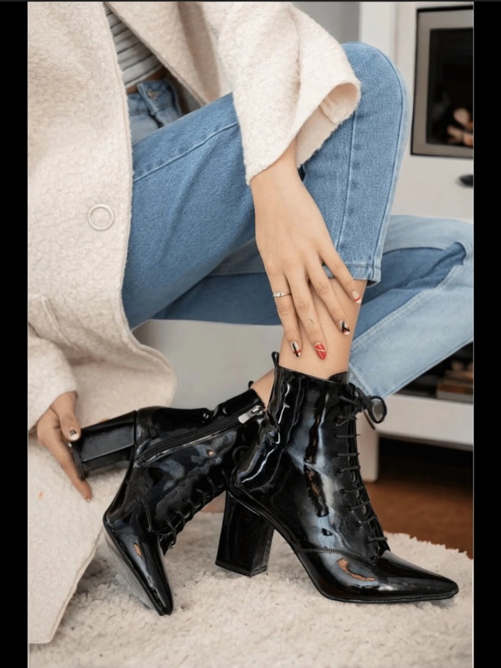 Black shiny lace up ankle boots with block heel #goth #heels